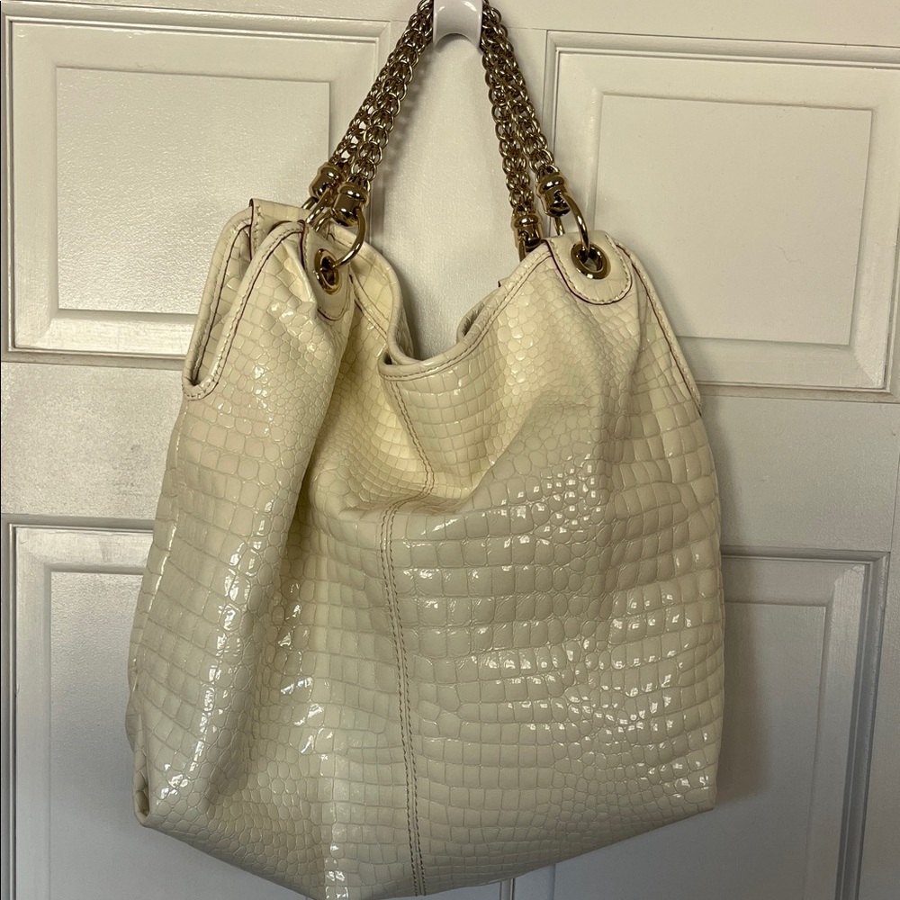 Antonio Melani Cream Croc-Embossed Chain Handle Shoulder Bag